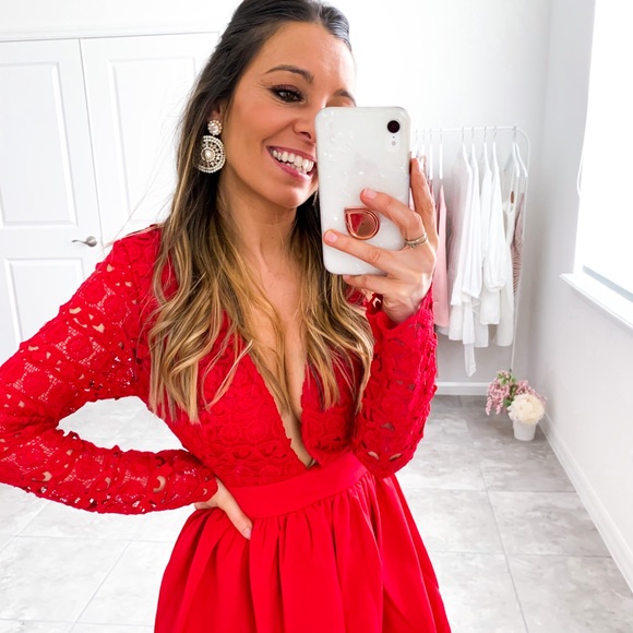 Red Plunge Guipure Lace Long Sleeve Skater Dress - Picture 13 of 16